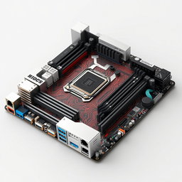A highly detailed and realistic 3D representation of a motherboard showcasing only the specified parts: CPU Socket, Memory Slots, Graphics Card Slots, Input and Output Ports, PCI Slots, BIOS, and Power Supply Socket