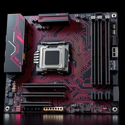 A highly detailed and realistic 3D representation of a motherboard showcasing only the specified parts: CPU Socket, Memory Slots, Graphics Card Slots, Input and Output Ports, PCI Slots, BIOS, and Power Supply Socket