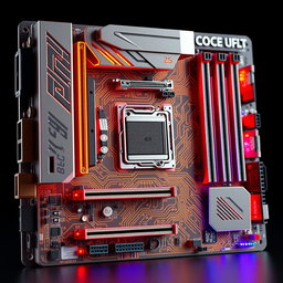 A highly detailed and realistic 3D representation of a motherboard showcasing only the specified parts: CPU Socket, Memory Slots, Graphics Card Slots, Input and Output Ports, PCI Slots, BIOS, and Power Supply Socket