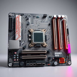 A highly detailed and realistic 3D representation of a motherboard showcasing only the specified parts: CPU Socket, Memory Slots, Graphics Card Slots, Input and Output Ports, PCI Slots, BIOS, and Power Supply Socket