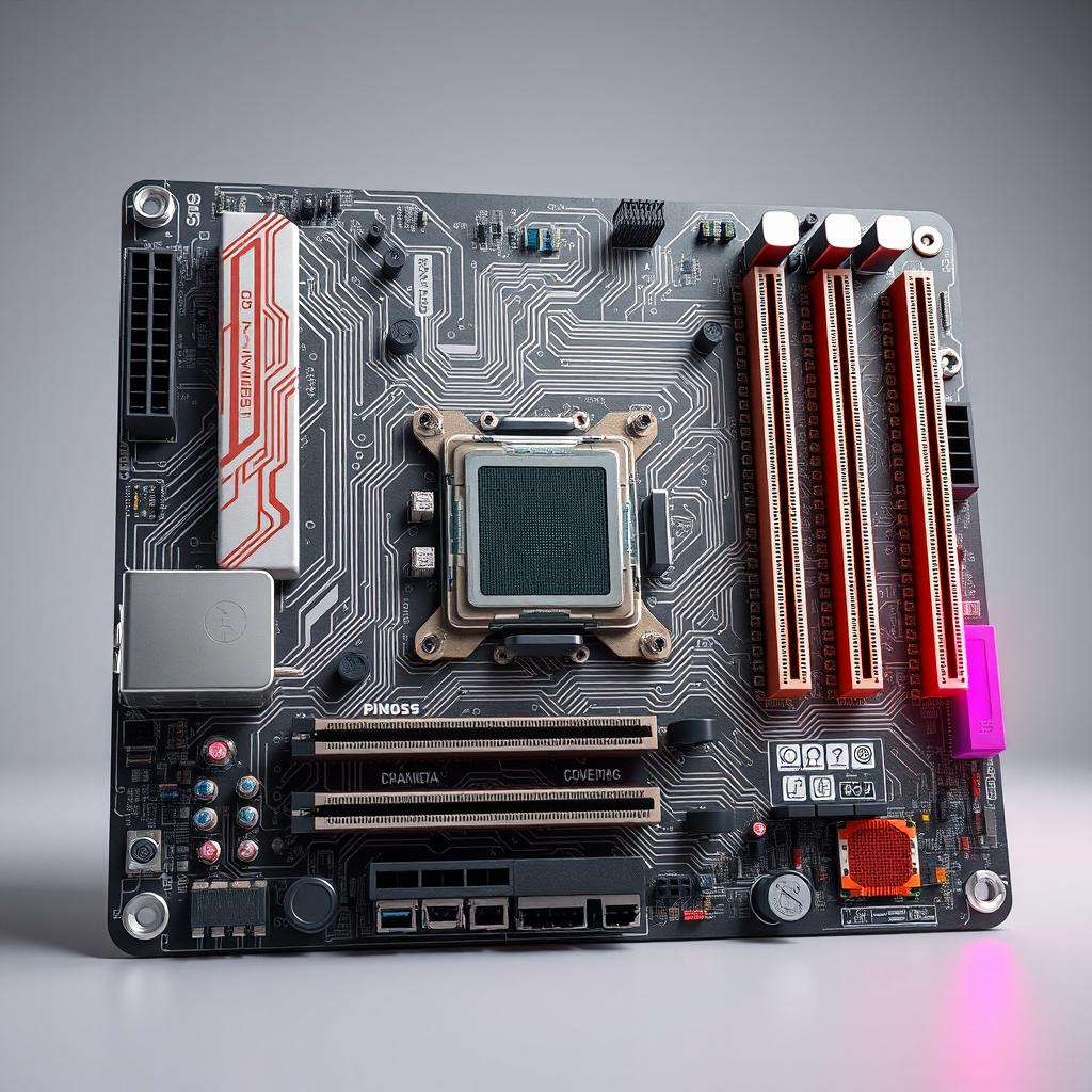 A highly detailed and realistic 3D representation of a motherboard showcasing only the specified parts: CPU Socket, Memory Slots, Graphics Card Slots, Input and Output Ports, PCI Slots, BIOS, and Power Supply Socket