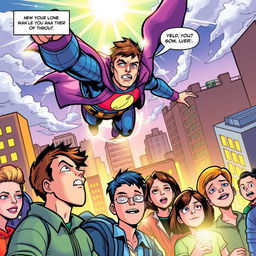 A colorful and dynamic comic book page featuring an action-packed superhero scene