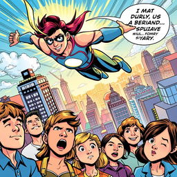 A colorful and dynamic comic book page featuring an action-packed superhero scene