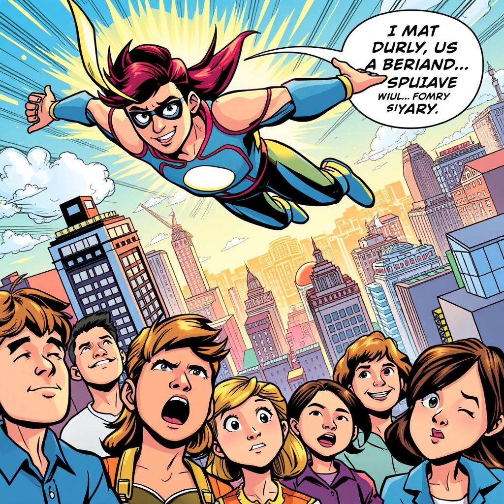 A colorful and dynamic comic book page featuring an action-packed superhero scene