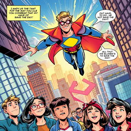 A colorful and dynamic comic book page featuring an action-packed superhero scene