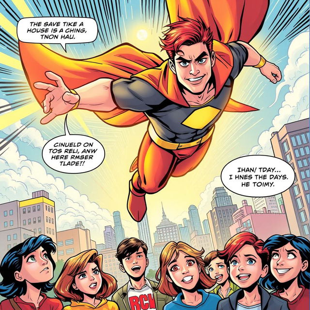 A colorful and dynamic comic book page featuring an action-packed superhero scene