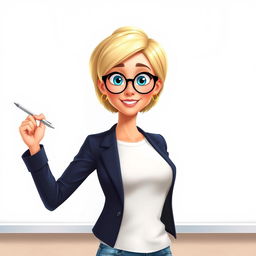 A Disney Pixar-style illustration of a pretty female teacher character, age 50, with a vibrant appearance