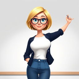 A Disney Pixar-style illustration of a pretty female teacher character, age 50, with a vibrant appearance