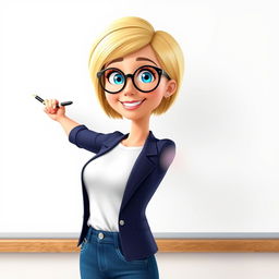 A Disney Pixar-style illustration of a pretty female teacher character, age 50, with a vibrant appearance