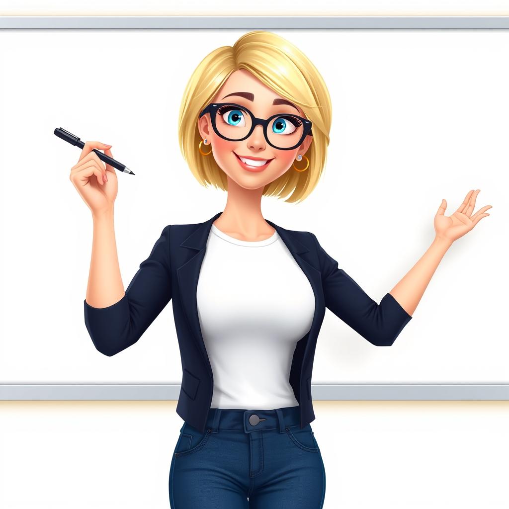 A Disney Pixar-style illustration of a pretty female teacher character, age 50, with a vibrant appearance