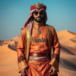 A highly stylish Sheik standing confidently, dressed in luxurious, intricately designed traditional attire with rich fabrics and ornate patterns