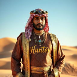 A highly stylish Sheik standing confidently, dressed in luxurious, intricately designed traditional attire with rich fabrics and ornate patterns