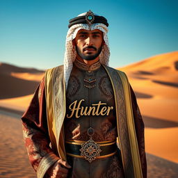 A highly stylish Sheik standing confidently, dressed in luxurious, intricately designed traditional attire with rich fabrics and ornate patterns