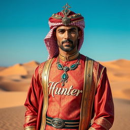 A highly stylish Sheik standing confidently, dressed in luxurious, intricately designed traditional attire with rich fabrics and ornate patterns