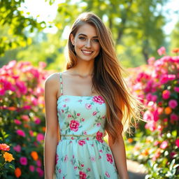A beautiful young woman with long flowing hair, wearing a stylish summer dress adorned with floral patterns