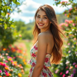 A beautiful young woman with long flowing hair, wearing a stylish summer dress adorned with floral patterns
