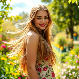 A beautiful young woman with long flowing hair, wearing a stylish summer dress adorned with floral patterns