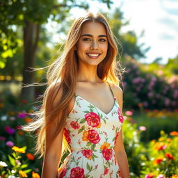 A beautiful young woman with long flowing hair, wearing a stylish summer dress adorned with floral patterns