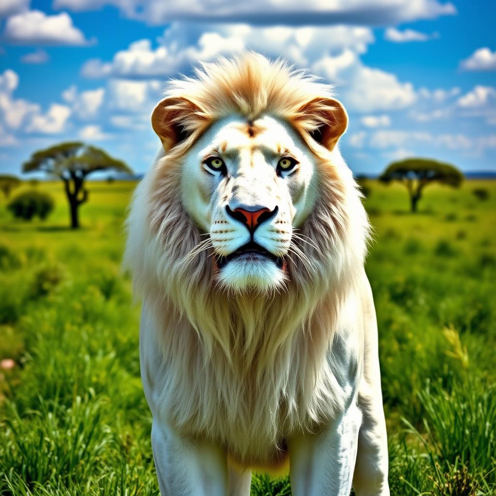 A majestic large white lion standing proudly in a lush green savanna