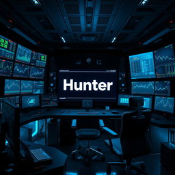 A futuristic trader work station filled with multiple high-tech screens displaying various financial data and graphs