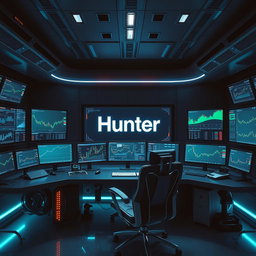 A futuristic trader work station filled with multiple high-tech screens displaying various financial data and graphs