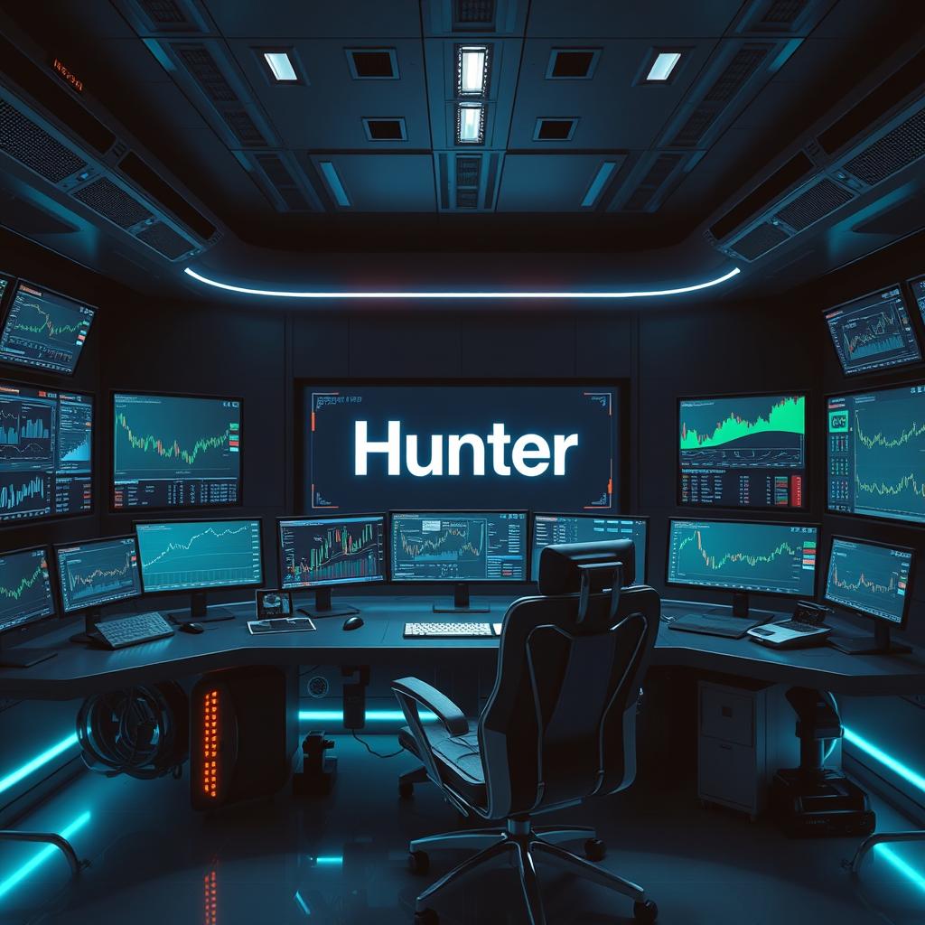 A futuristic trader work station filled with multiple high-tech screens displaying various financial data and graphs