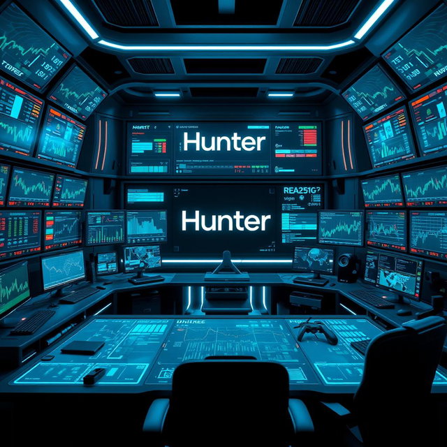 A futuristic trader work station filled with multiple high-tech screens displaying various financial data and graphs