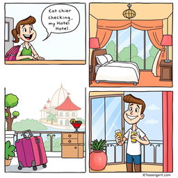 A colorful cartoon comic strip showing a person checking into a whimsical hotel