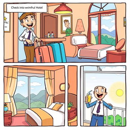 A colorful cartoon comic strip showing a person checking into a whimsical hotel