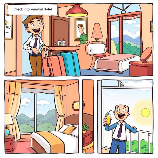 A colorful cartoon comic strip showing a person checking into a whimsical hotel