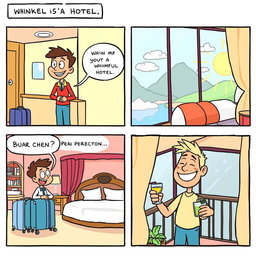 A colorful cartoon comic strip showing a person checking into a whimsical hotel