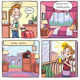 A colorful cartoon comic strip showing a person checking into a whimsical hotel