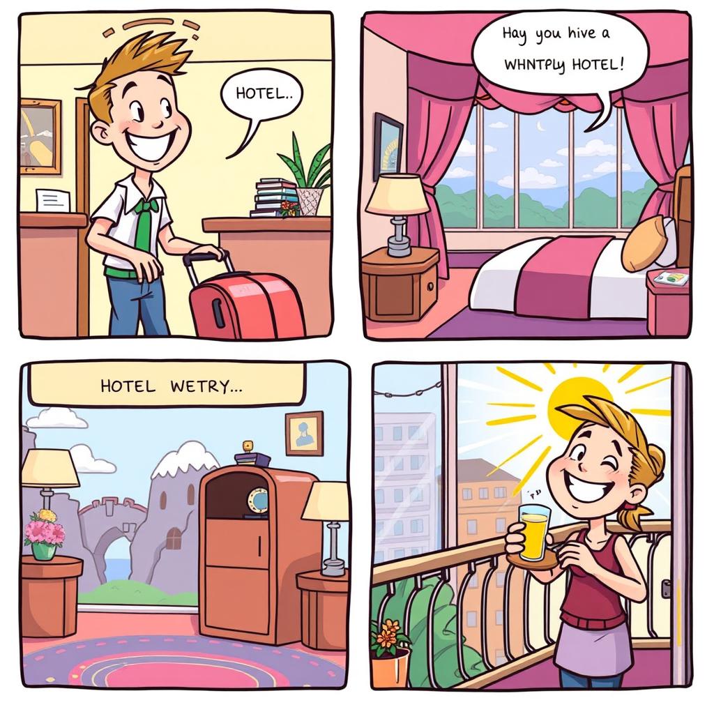 A colorful cartoon comic strip showing a person checking into a whimsical hotel