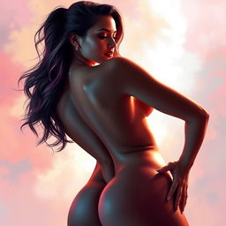 A beautiful woman in an artistic and abstract style, confidently posing in an alluring manner, showcasing her curvy silhouette while playfully moving her body