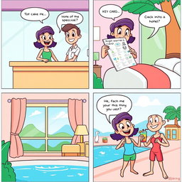 A vibrant cartoon comic strip featuring a character checking into a whimsical hotel
