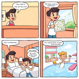 A vibrant cartoon comic strip featuring a character checking into a whimsical hotel