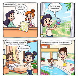 A vibrant cartoon comic strip featuring a character checking into a whimsical hotel