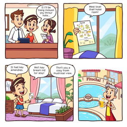 A vibrant cartoon comic strip featuring a character checking into a whimsical hotel