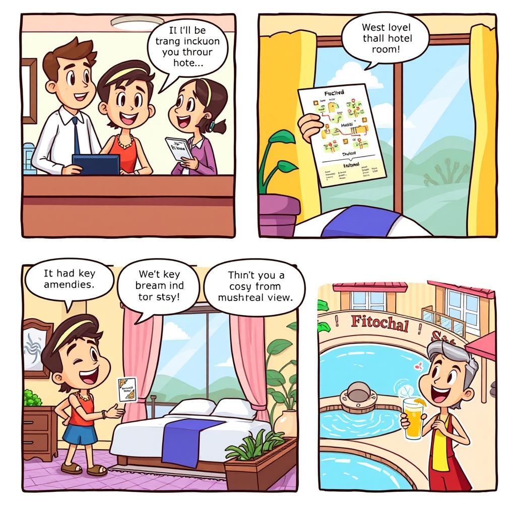 A vibrant cartoon comic strip featuring a character checking into a whimsical hotel