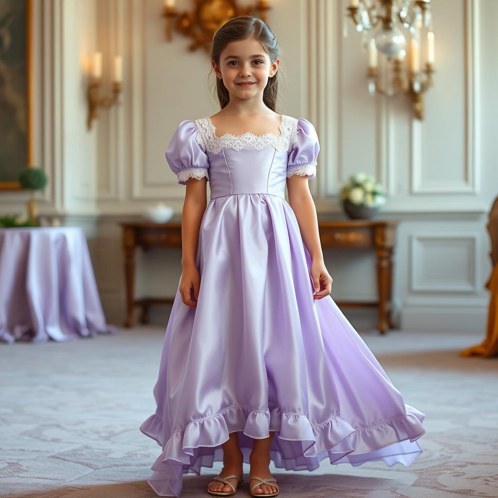 A young girl in a pale lavender silk gown that flows gracefully to the floor