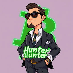 A cartoon character of a wealthy individual, extremely well-dressed in a stylish suit and accessories that exude luxury