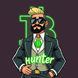 A cartoon character of a wealthy individual, extremely well-dressed in a stylish suit and accessories that exude luxury