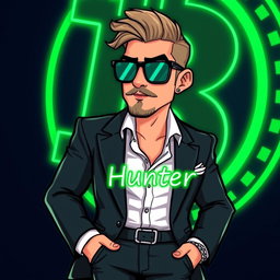 A cartoon character of a wealthy individual, extremely well-dressed in a stylish suit and accessories that exude luxury