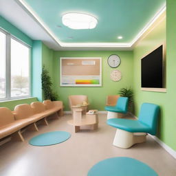 A spacious waiting room for a dental clinic, tastefully designed with 15 chairs to comfortably accommodate patients. The room also features soft lighting, a children's play area, a magazine rack, and a calming color palette.