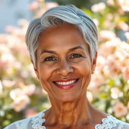 A portrait of a 60-year-old woman with beautiful brown skin