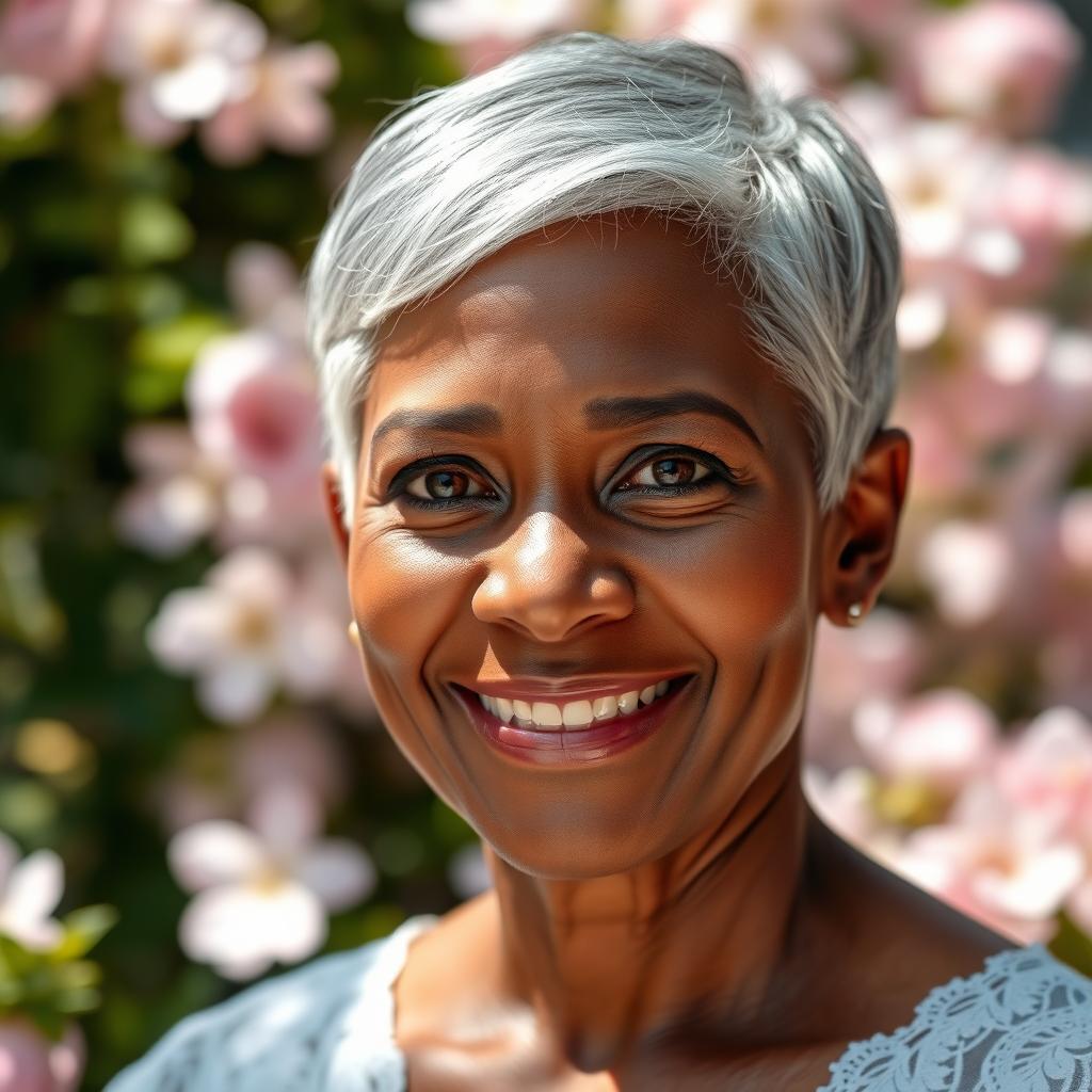 A portrait of a 60-year-old woman with beautiful brown skin