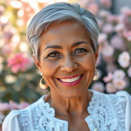 A portrait of a 60-year-old woman with beautiful brown skin