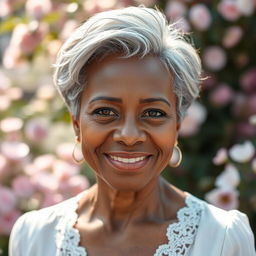 A portrait of a 60-year-old woman with beautiful brown skin