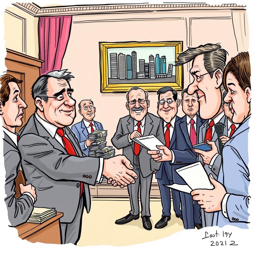 A cartoon journalism sketch depicting the theme of corruption