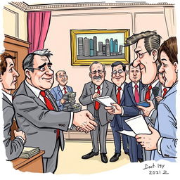 A cartoon journalism sketch depicting the theme of corruption